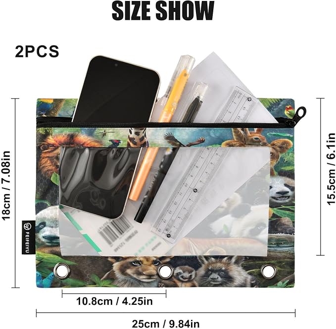 Animals Pencil Pouch for 3 Ring Binder, 2 Pack Waterproof Pencil Bags Clear Window Pencil Case Zipper School Office Supplies