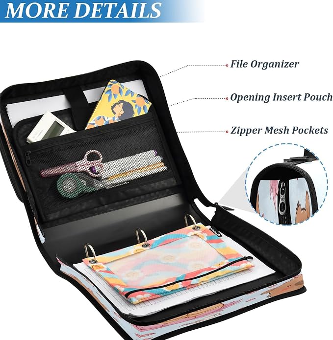 ALAZA Zipper Binder 3 Ring Cute Cartoon Capybara Lotus Binder Organizer with Zipper and Shoulder Strap Large Capacity Multi-Pocket Trapper Keeper File Folder for Office Supplies