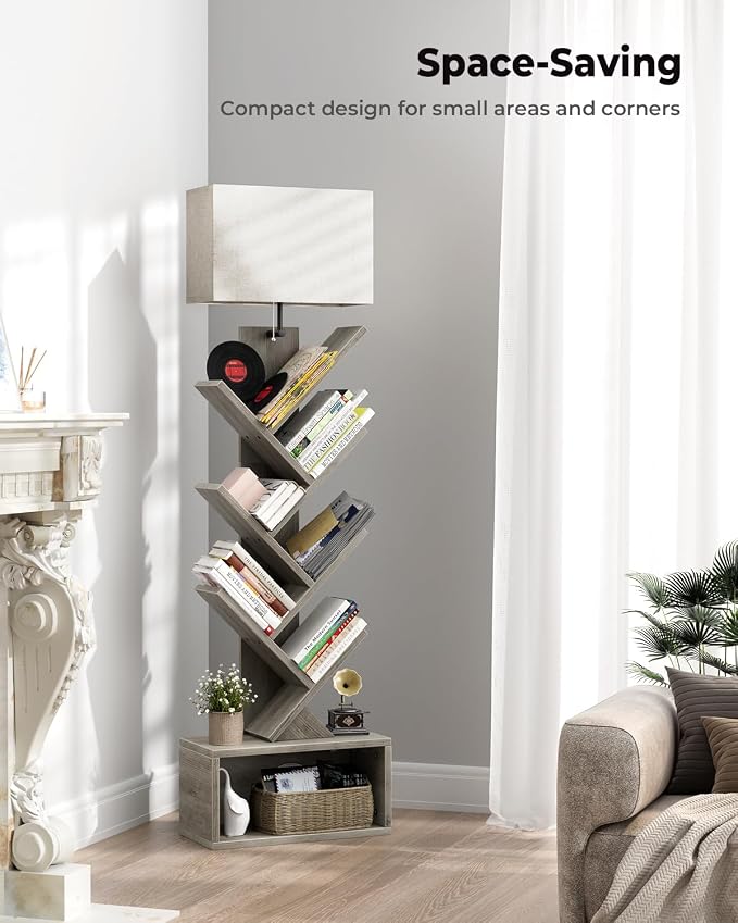 Evermagin 6 Tier Tree Bookshelf with Light, Bookcase, Gray | Narrow Tower Design, Storage Cabinet for Book Organization, Tall Floor Standing Use, Living Room, Bedroom and Home Office