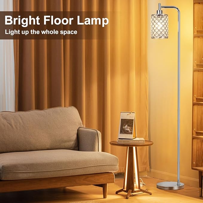 Ziisee Crystal Floor Lamp - Industrial Modern Standing Lamps with LED Bulb for Living Room Bedroom Office - Silver