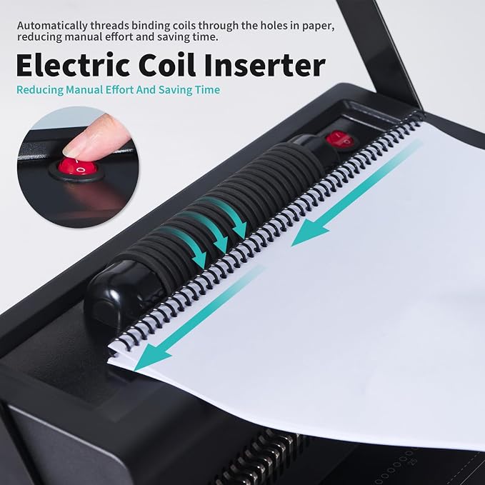 Binditek Spiral Binding Machine, 4:1 Pitch, 20-Sheet Punch, with Bonus Kit | 46 Disengageable Pins, Electric Coil Inserter, Adjustable Side Margin, with 100 8Mil PVC Covers, 100 5/16 in Coils and Pliers