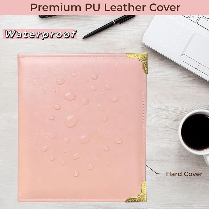 Hardback Leather 3 Ring Binder, 1.3 Inch D Ring, Three Ring Binders Fits 8.5" x 11", Corner Protectors, PU Leather Cover, for Photo Album, Home, Professional Office & School Supplies, Pink