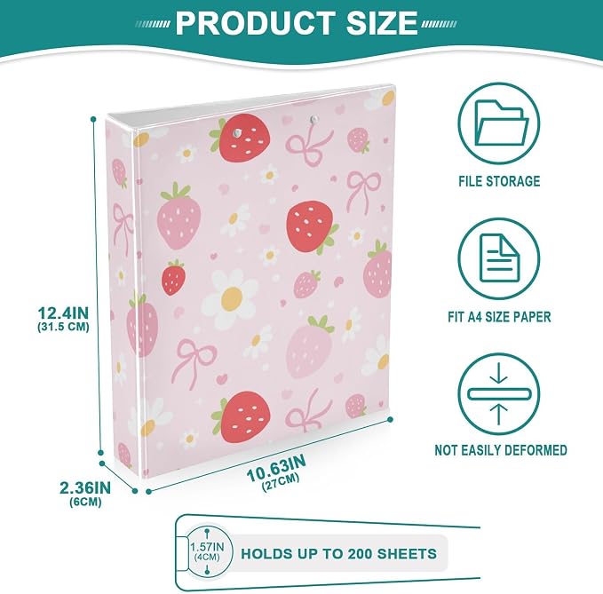 Bow Floral Cute Pink Strawberry Binder 1.5 Inch Binder with Clipboard&Pockets, Hardcover Binders 3 Ring, Heavy Duty Large File Folder for Office School Supplies - Holds 200 Sheets, 2 PC