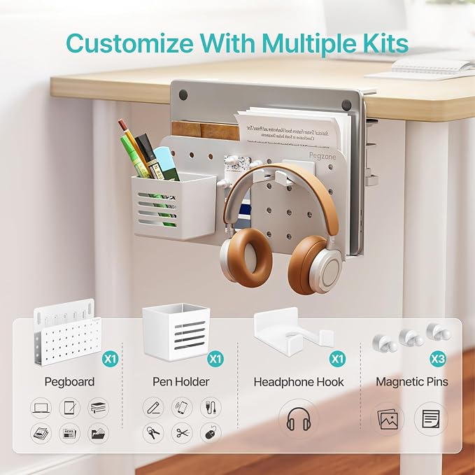 Desk Side Storage Organizer, Fits Flat Edge 0.4" to 2.2", White | No Drill Under Desk Laptop Holder, Clamp on Desks Shelf with Pegboard Accessories, Hanging Laptop Mount