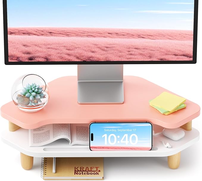 AFOOYO Monitor Stand Riser,2 Tier Corner Wood Sturdy 16.5In Computer Stand, Multi-Purpose Desktop Storage Stand for Laptop,PC,iMac,Printer,Computer,Pink
