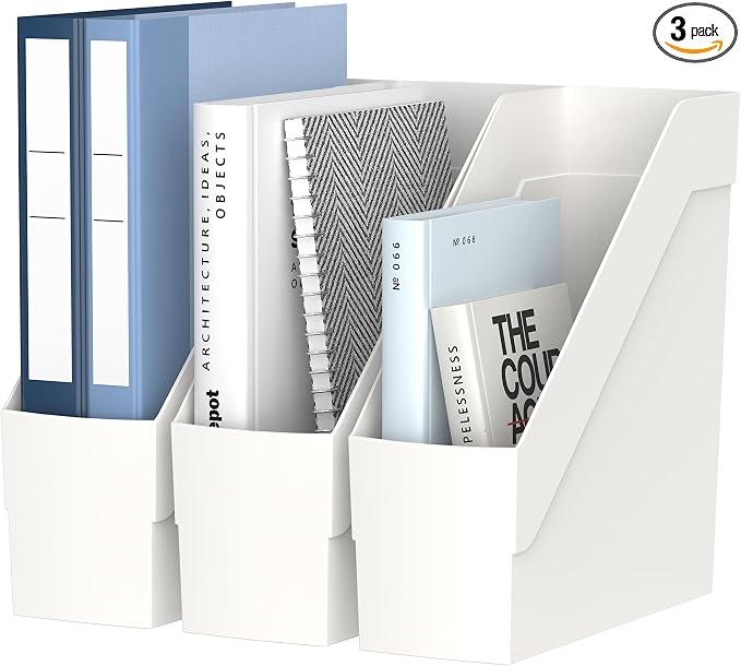 Delifox 3 Pack Magazine Rack, Plastic File Folder Bin Desk Organizer, White