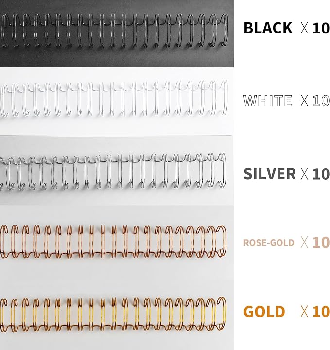 Binditek Metal Wire Binding Spine, 9/16 Inch, 3:1 Pitch,Multi Color 50 Pack | Double Loop Wire Binding Spines, 32-Loop, 120 Sheet Capacity, 5 Assorted Colors (Black, Gold, Silver, White, Rose Gold)