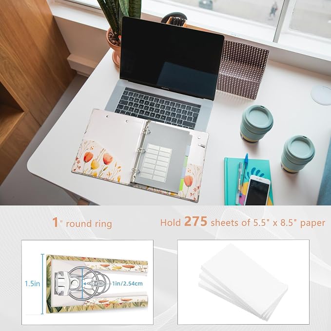 Mini Binder Organizer for 5.5" x 8.5" Paper ，1 Inch 3 Ring Binder with Clipboard, 5-Tabs Pockets Dividers, Plastic Folder, 18 Divider Stikers, Pen Loop (Weed, Half Letter Size)