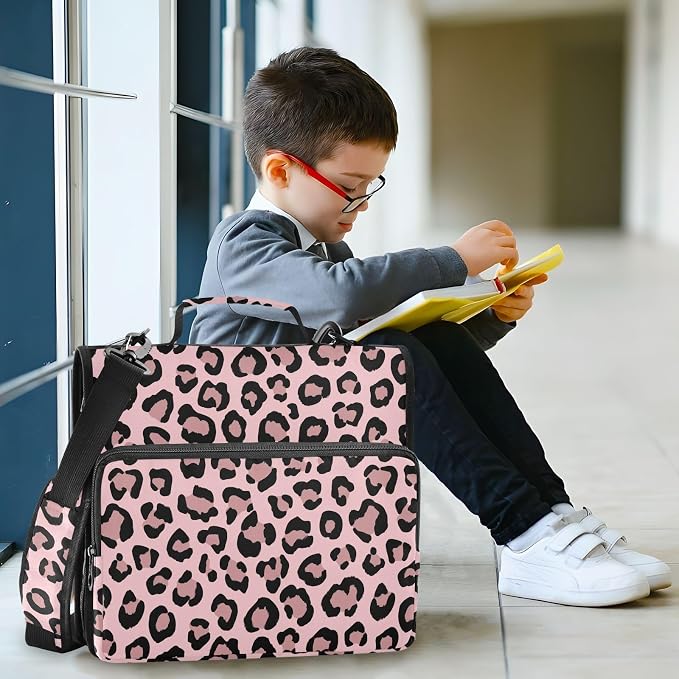 Leopard Pink Pattern 3 Ring Zipper Binder with Shoulder Strap & Handle 1.5 Inch D-Ring Zippered Bag with Pencil Pouch,Multiple Pocket & Expanding File Folder, Binder Organizer for School or Office