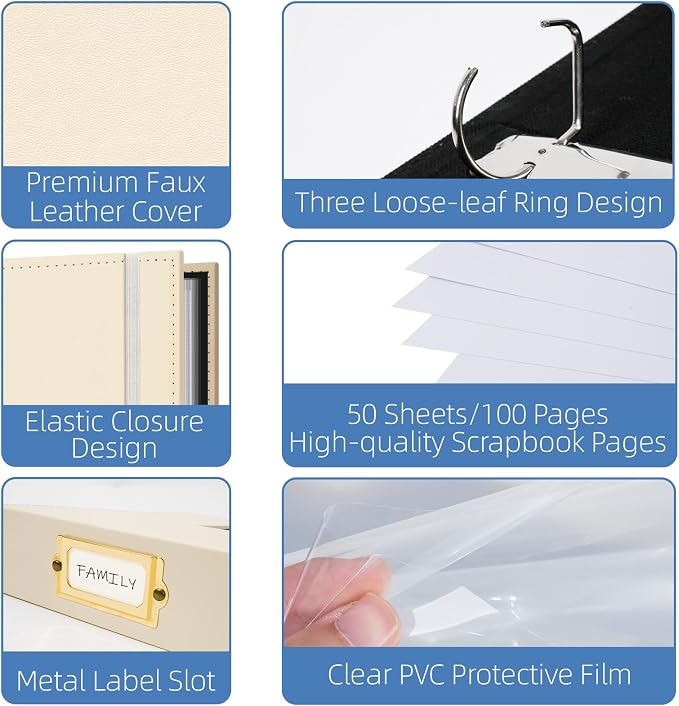 Leather 3-Ring Scrapbook Album 12x12, Beige | DIY photo memory book, 50 sleeves/100 pages, PVC protected acid-free for wedding travel family