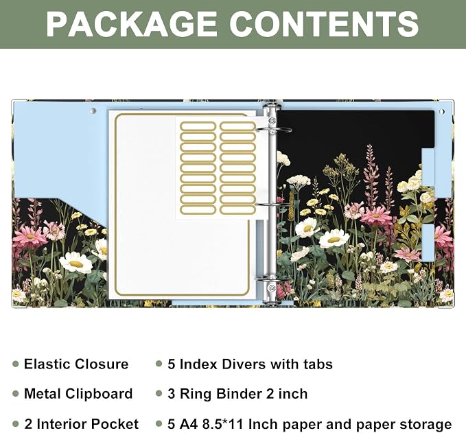 Rouidr 3 Ring Binder, 2 Inch Round Ring Binder Organizer with Clipboard, 5 Dividers Tabs, A4 8.5 x 11 Inch Paper & Clear Sleeves for School, Office Supplies