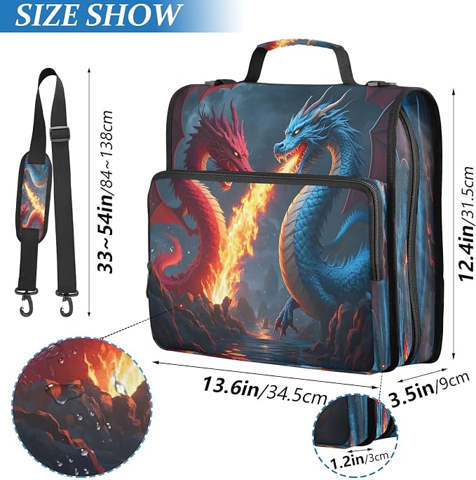 ALAZA Zipper Binder 3 Ring Red and Blue Fire Dragon Binder Organizer with Zipper and Shoulder Strap Large Capacity Multi-Pocket Trapper Keeper File Folder for Office Supplies