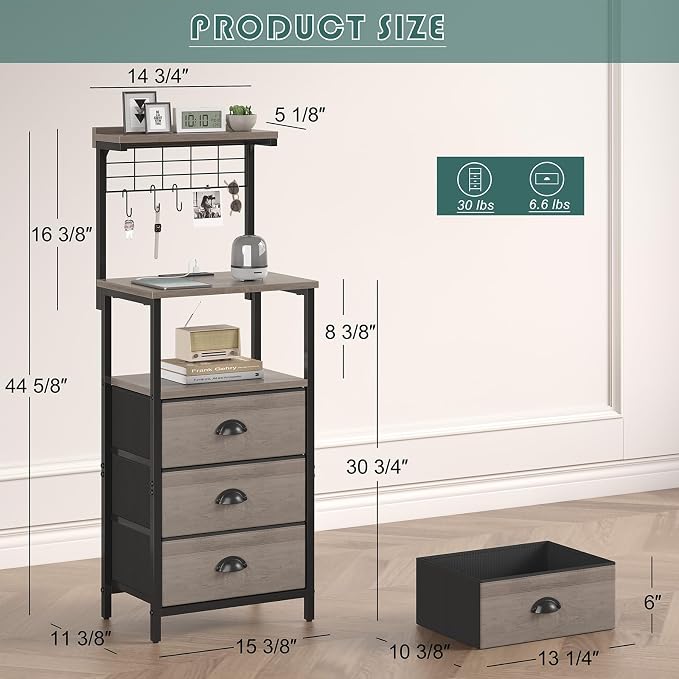 sthmec Bedside Tall Nightstands with Charging Station, LED Bedside Table for Bedroom - 3 PU Fabric Drawers, Hooks, USB/Type-C Ports & Open Bedside Shelves, Grey