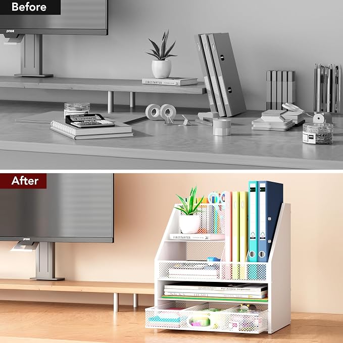 Wooden Desk Organizer - Mesh File Organizer with Drawers and Pen Holder - 4-Tier Vertical Paper Letter Storage Tray, Desktop Organizers and Accessories for Home Office （White