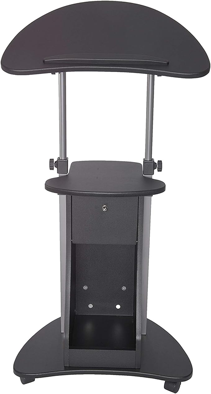 Techni Mobili Adjustable Height Rolling Laptop Cart with Storage, Black | Adjustable Height Rolling Laptop Cart with Tilting Top, Storage Shelf, Locking Wheels, Sit to Stand Desk, Mobile Podium,Black