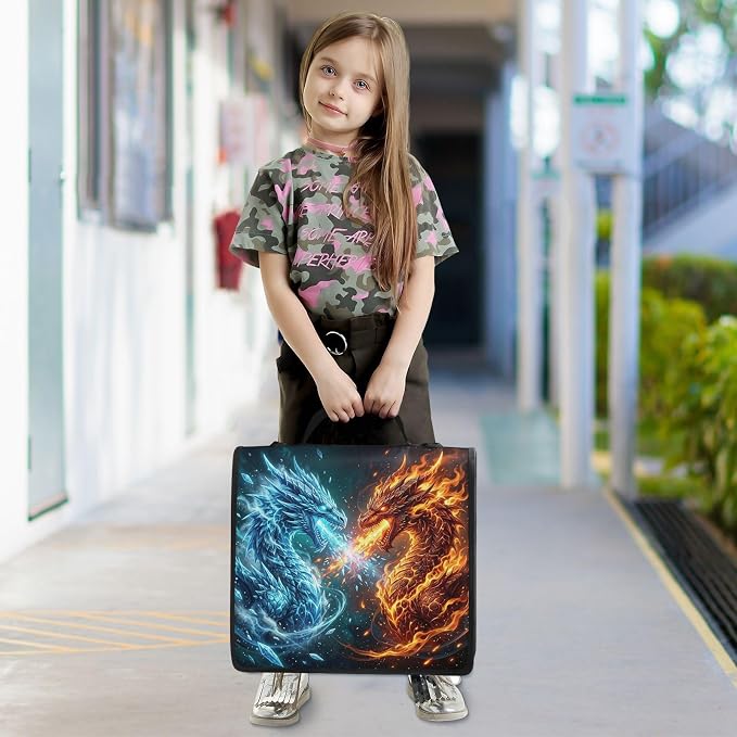 Fire Ice Dragon Print 3 Ring Zipper Binder with Shoulder Strap & Handle 2 Inch D-Ring Zippered Binder Bag with Multiple Pocket & Pencil Pouch, Binder Organizer for School or Office