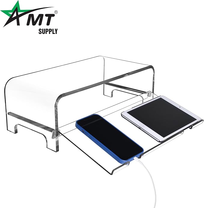 AMT 2 Tier 5.7 Inch High Acrylic Laptop Monitor Stand & Computer Riser with Cat Keyboard Protector, Space-Saving Design, Extra Storage, Clear Shelf - Ideal for Monitors, Laptops, Printers, Desktop