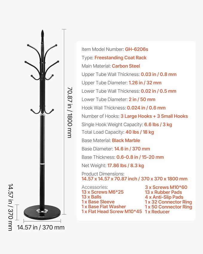 VEVOR Coat Rack Freestanding, Coats Tree Stand with Stable Marble Base & 6 Hooks, Free Standing Hall Coat Rack for Entryway, Bedroom, Office, Living Room, Modern Clothes Hanger for Coats, Hats, Bags