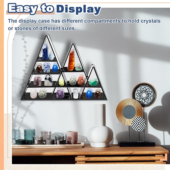 Cinnvoice Rock Display Case 30 Grids,Black Border, Mountain Style | Adjustable Acrylic Display Case, Crystal Organizer for Collectible, with Built-in Mirrored, Magnetic Door, Wall Mount