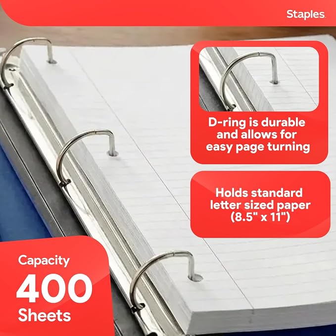 Staples Better View 1.5-Inch D-Ring Binder, Blue, Clear Overlay | Durable 3-ring binder for school and office document organization.