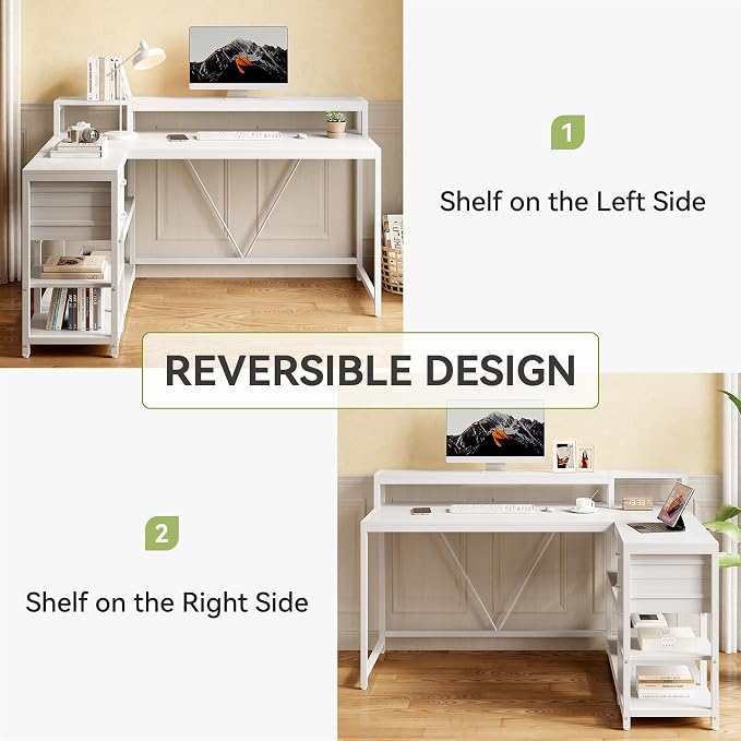 LITTLE TREE 55-Inch L-Shaped Computer Desk, Reversible Computer Desk with Drawers and Storage Shelves, Corner Desk Gaming Desk Work Desk for Home Office, White