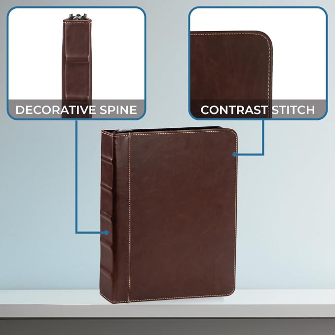 Samsill Vintage Zippered Leather Binder, 1 Inch Round Ring, Letter Size 8.5x11 Documents, Contrast Stitching, Professional Organizer Portfolio, Planner, Brown