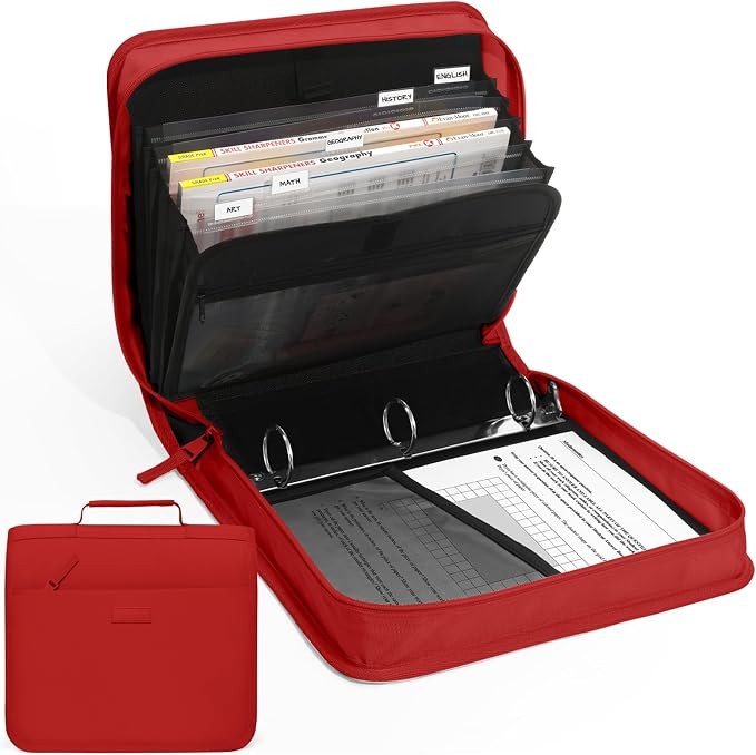 SUNEE Zipper Binder with Handle, 1.5 Inch O-Ring, 325 Pages Capacity, with 5-Tab Expanding File Folder for Classified Storage, Small Size Lightweight Zipper Bag for Middle School Students, Bright Red