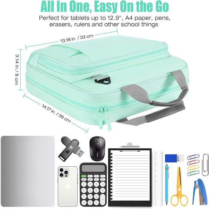 MoKo Zipper Binder, 2 Inch 3 O Ring, 5 Tab File Folders, 500 Sheets, Green | Water-repellent 900D Oxford with five file pockets, two mesh pockets, a handle and padded shoulder strap.