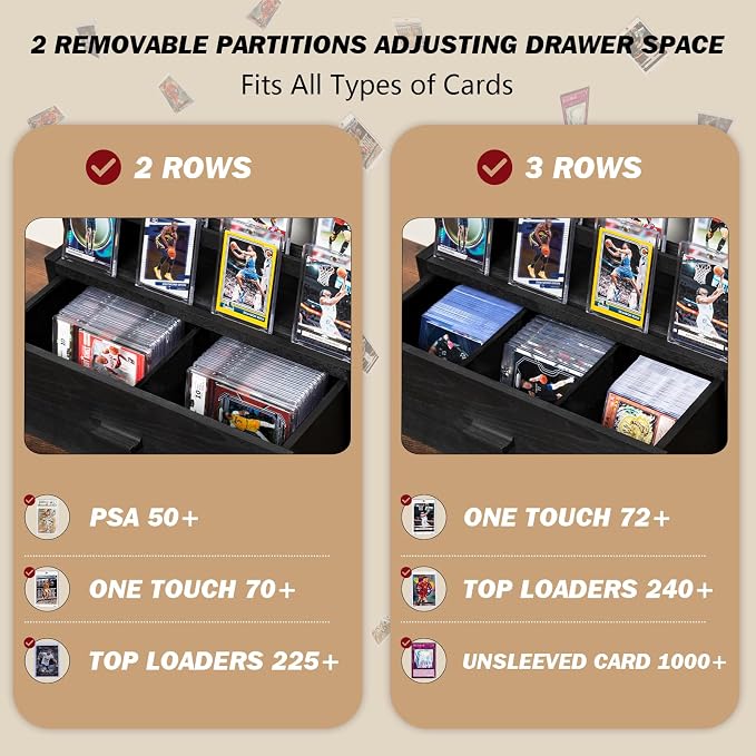 Emfogo Trading Card Display, 3-Tier Card Display Case with Custom Drawer, Wood Graded Card Display with Supporters and Dividers, Sports Card Display Case for Collection (Black)