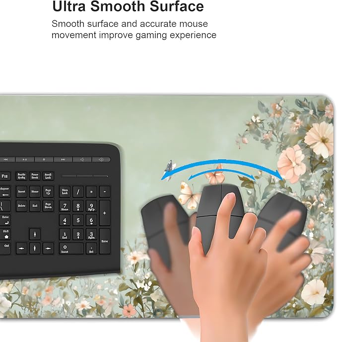 Cute Floral Aesthetic Wildflower Gaming Mouse Pad, Sage Green Macaron Desk Mat with Anti-Slip Base & Stitched Edges, Office & Home Desk Decor for Women, 35.4" x 15.7" in Computer Desktop Mat