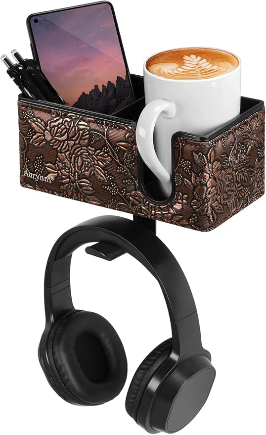 Under Desk Cup Holder Clamp on Cup Holder PU Leather Clip on Desk Organizer | Desk organizer with pencil holder clamp on side, under desk hanging organizer, clip on cup holder desk phone stand holder PU