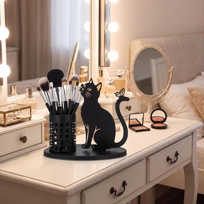 Tandefio Cat Pen Holder for Desk Cute Black Pencil Holder Metal Desk Accessories Organizer Makeup Brush Pen Cups for Back to School Stationery Office Home Decor Table Centerpiece Lover Gifts Women