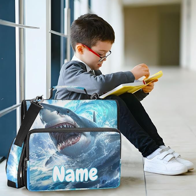 Custom Cute Shark Blue Ocean Wave 3 Ring Binder Bag 1.5 inch Personalized Name Binder Organizer 500 Sheet Documents Storage for School Office