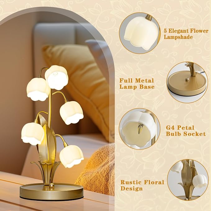 WERFOP Vintage Lily of the Valley Flower Table Lamp | 3 Color Adjustable LED Bedside Lamp, Cute Night Light for Bedroom, Living Room, Dorm Room, Office & Home Decor (Gold)