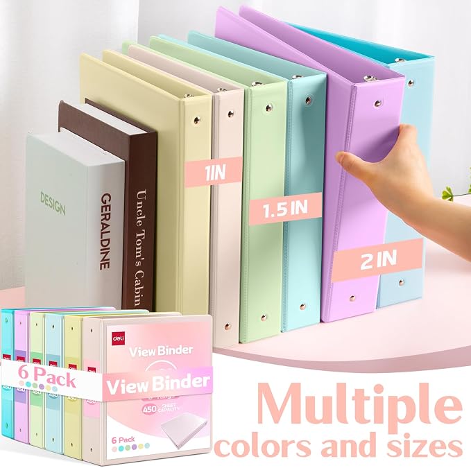deli 2-inch 3 Ring Binder 6 Pack,11" x 8.5" US Letter Size | 2 inch Binders with 2 Interior Pockets, 450 Sheets Capacity,Assorted 6 Pastel Colors