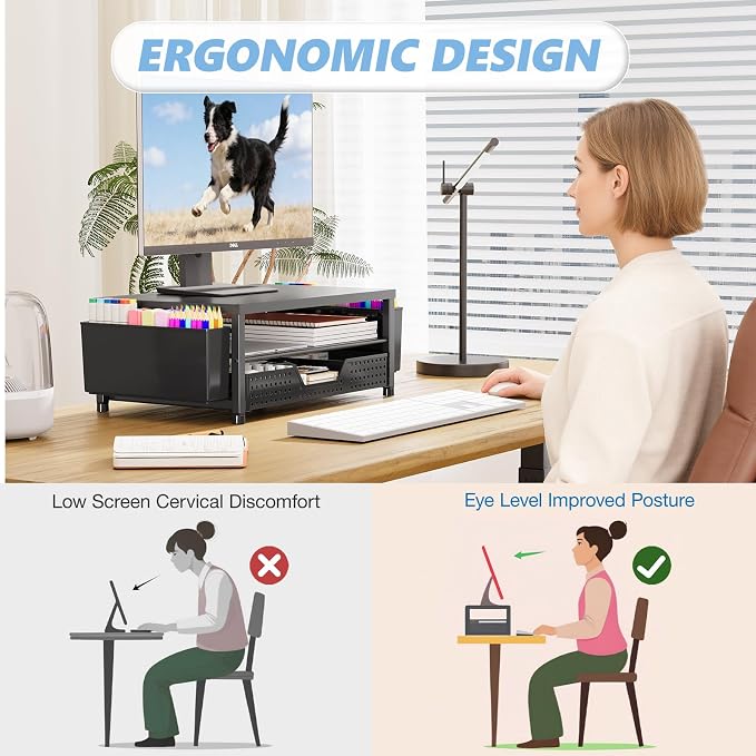 Desk Organizers and Accessories, Computer Monitor Stand Riser with Drawer and 2 Pen Holders, Printer & Laptop Stand, Office Desk Accessories & Workspace Organizers for Home Office Supplies, Black