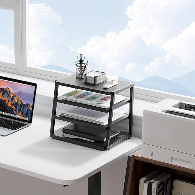 Fenge Desk Shelf Organizer, 4-Tier Tower Desktop Office Shelves, Black | Wood and Metal Open Shelf, Corner File Organizer for Office Supplies, Top of Desk Organizers and Accessories