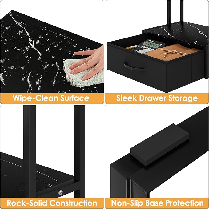 Masupu Printer Stand for Desk, Printer Table with Fabric Storage Drawer, 2 Tier Desktop Shelf, Multi-Purpose Desk Organizer for Home Office, 3D Printer, Fax Machine, Scanner, Marble Black