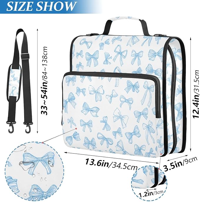 Aslsiy Zipper Binder Bag for Girls Boys Coquette Blue Ribbon 1.5 inch 3-Ring Binder Organizer Bow Watercolor with Shoulder Strap for School Office Supplies