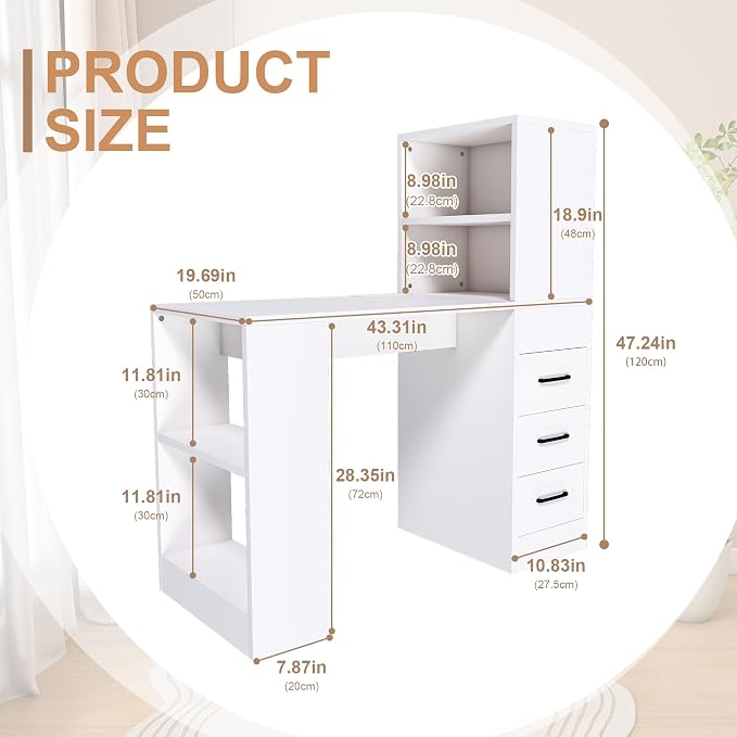 KEIKI L Shaped Desk with Drawers and Hutch, Corner Office Desk with Storage, Computer Desk with 4-in-1 Socket, 3 Drawers & 4 Shelves, White