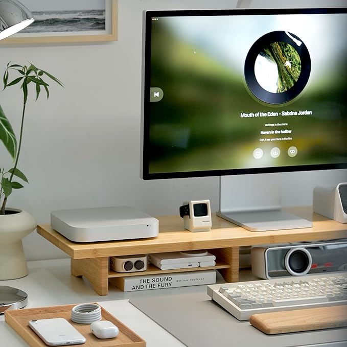 ROCDEER Bamboo Dual Monitor Stand Riser Natural, 2-Tier Desk Monitor Riser for 2 Monitors, Supports for PC Computer Monitor, Printer, Heavy TV Riser up to 300 lbs