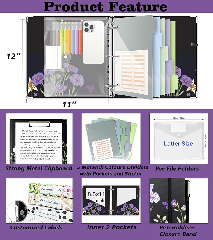 3 Ring Binder 2 Inch for 8.5"x11" Paper, Three Ring Binders with Clipboard, 5 Dividers with Tabs and Pockets, Plastic Folder, 18 Divider Stikers,Decorative Black Binder with Pen Holder,Weeds