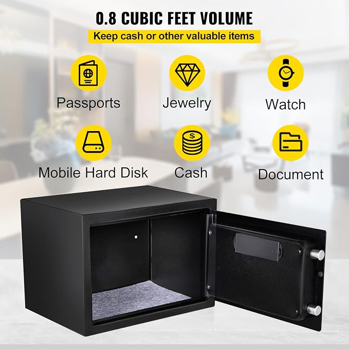 VEVOR Safe - 0.8 CU.FT Fingerprint Safe Box, Q235 Steel, 2 Keys & Digital Keypad for Money, Jewelry, Pistols, Documents, Watches - Home, Office & Hotel