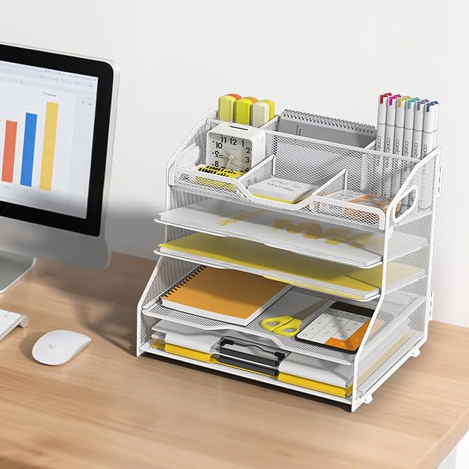 YINGHUA 5-Tier Mesh Desk Organizer, Letter Tray - White | Sturdy steel mesh with 3 sliding trays, 2 handles, 6 adjustable top sections. U-shaped design for easy access to office files