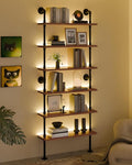 6-Tier LED Ladder Shelf, Wall Mounted Pipe Bookshelf, Walnut Brown 36 Inch | Solid pine 6-tier wall mounted pipe bookshelf with warm LED lights, 40 lb shelves, for books, plants and decor