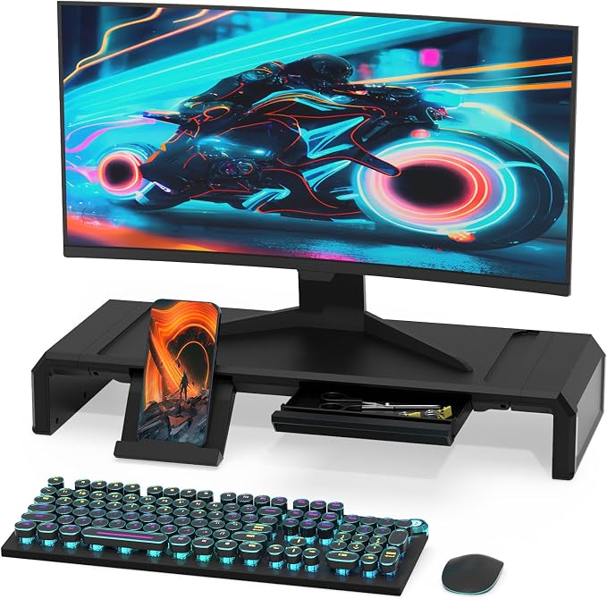Heymaster Monitor Stand Riser with Drawer, Foldable & Adjustable Length Computer Stand with Phone & Tablet Holder, Space Saving Desk Organizer Shelf for Home Office, Laptop, Desktop