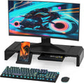 Heymaster Monitor Stand Riser with Drawer, Foldable & Adjustable Length Computer Stand with Phone & Tablet Holder, Space Saving Desk Organizer Shelf for Home Office, Laptop, Desktop