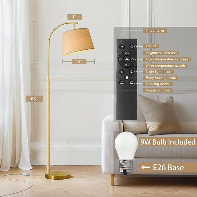 G-SAFAVA Real Wood Floor Lamps for Living Room Bedroom, 62.5" Mid Century Modern Lamp Gold Standing Tall Arc Lamps with Foot Switch, Floor Lamps for Nursery Office Decor Corner Reading Room Light