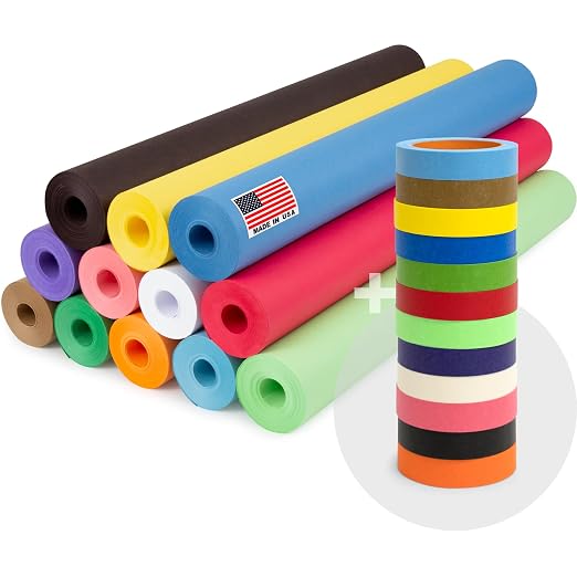 12 Rolls of Colored Kraft Paper and 12 Rolls of Colored Masking Tape | 1" Wide Tape, 24" x 100' Kraft Paper Rolls - Bulk Kids Craft Supplies - For Arts, Decoration, DIY, School