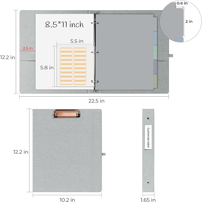 EYROZILL 3 Ring Binder, 1 Inch Linen Binder Organizer for Letter Size (8.5" x 11") with 5 Tab Dividers, File Folder Labels and Low Profile Clipboards, School and Office Supplies-Light Grey